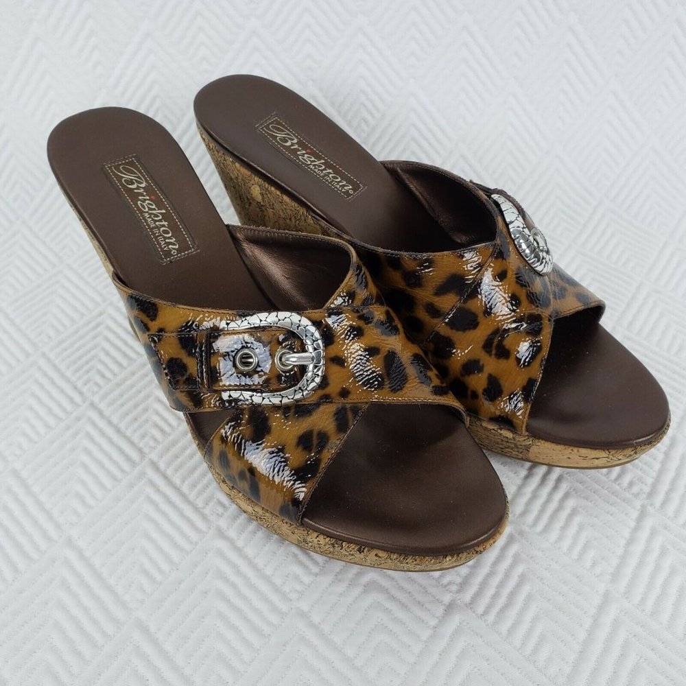 Brighton Womens Wedge Cork Patent Leather Leopard Print Sandals Italy Size 8M
